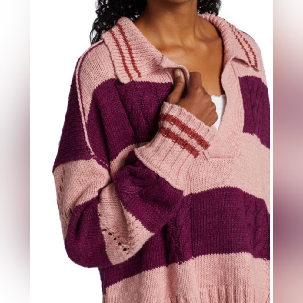 NWT FREE PEOPLEPembrook Striped Cable-Knit Sweater XS (oversize)